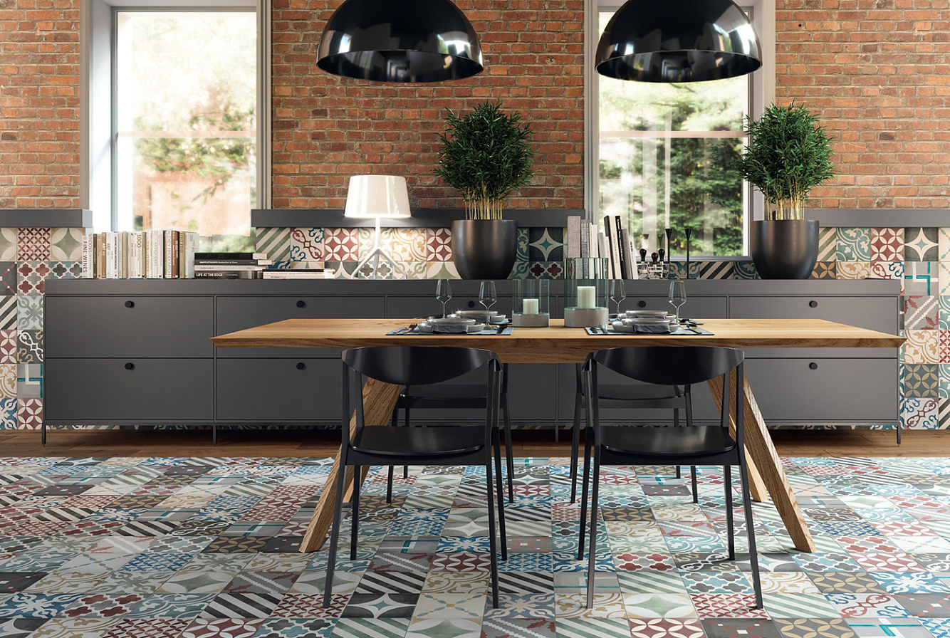 Благородное сочетание Venti Boost Classic Mix 20x20 см и ценных пород дерева Heartwood Moka 20x120.